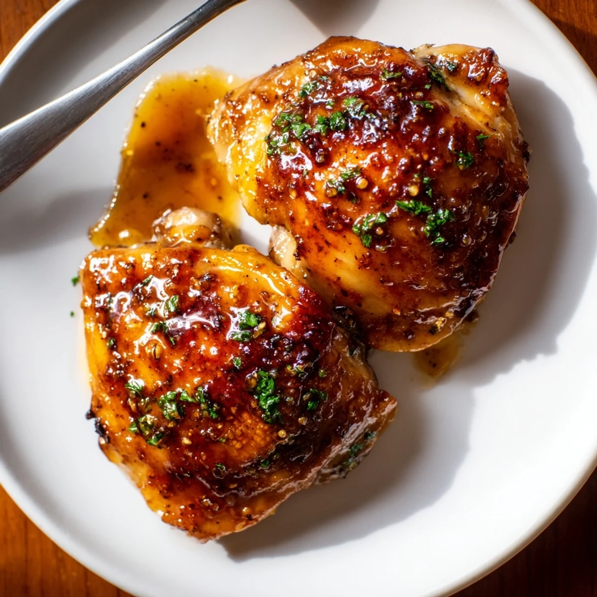 Oven-roasted Maple Glazed Chicken Thighs, savory-sweet glaze spooned over mashed potatoes