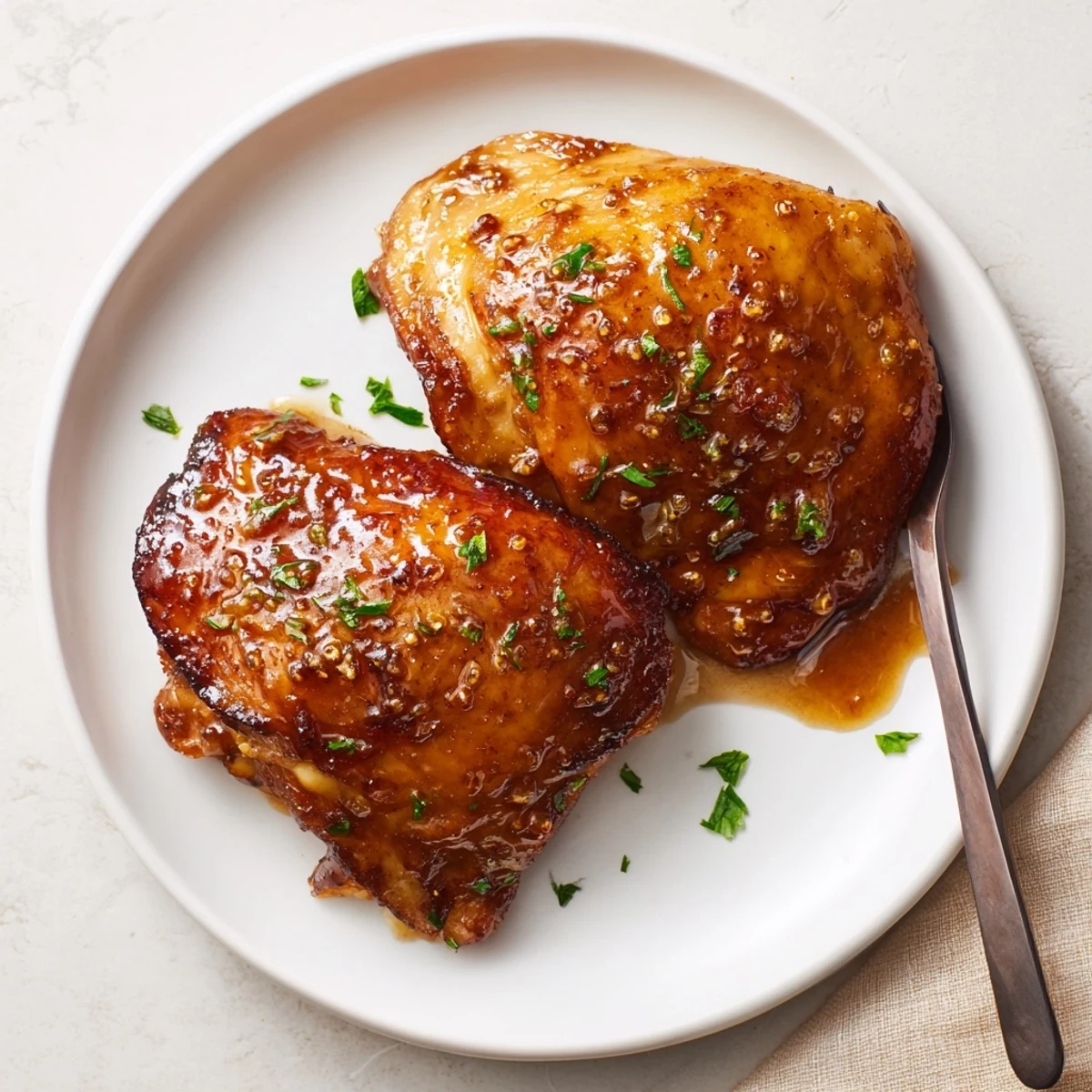 Juicy Maple Glazed Chicken Thighs resting on skillet, caramelized edges steaming