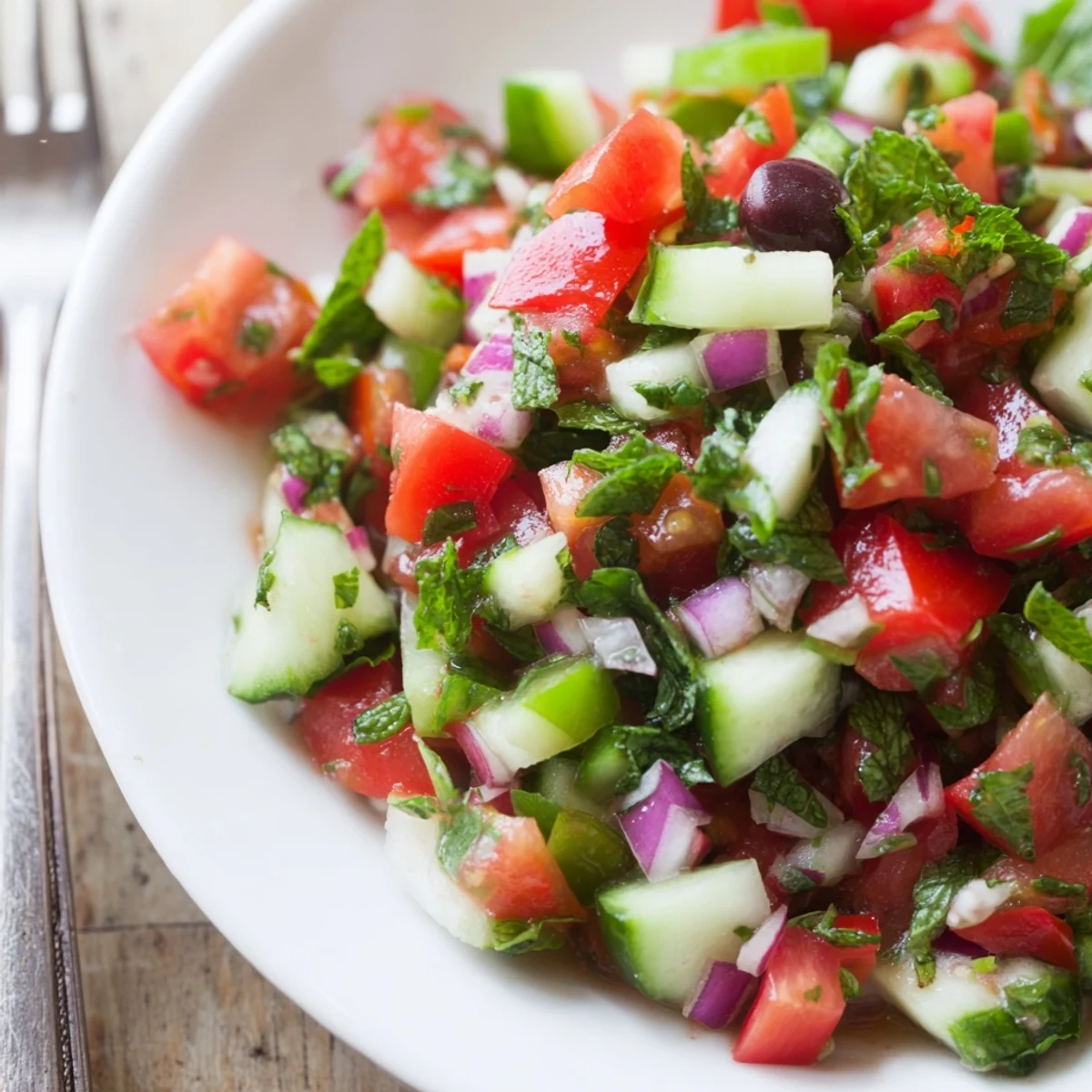 Bright Turkish Shepherds Salad with juicy tomatoes, crunchy cucumbers, lemony vinaigrette