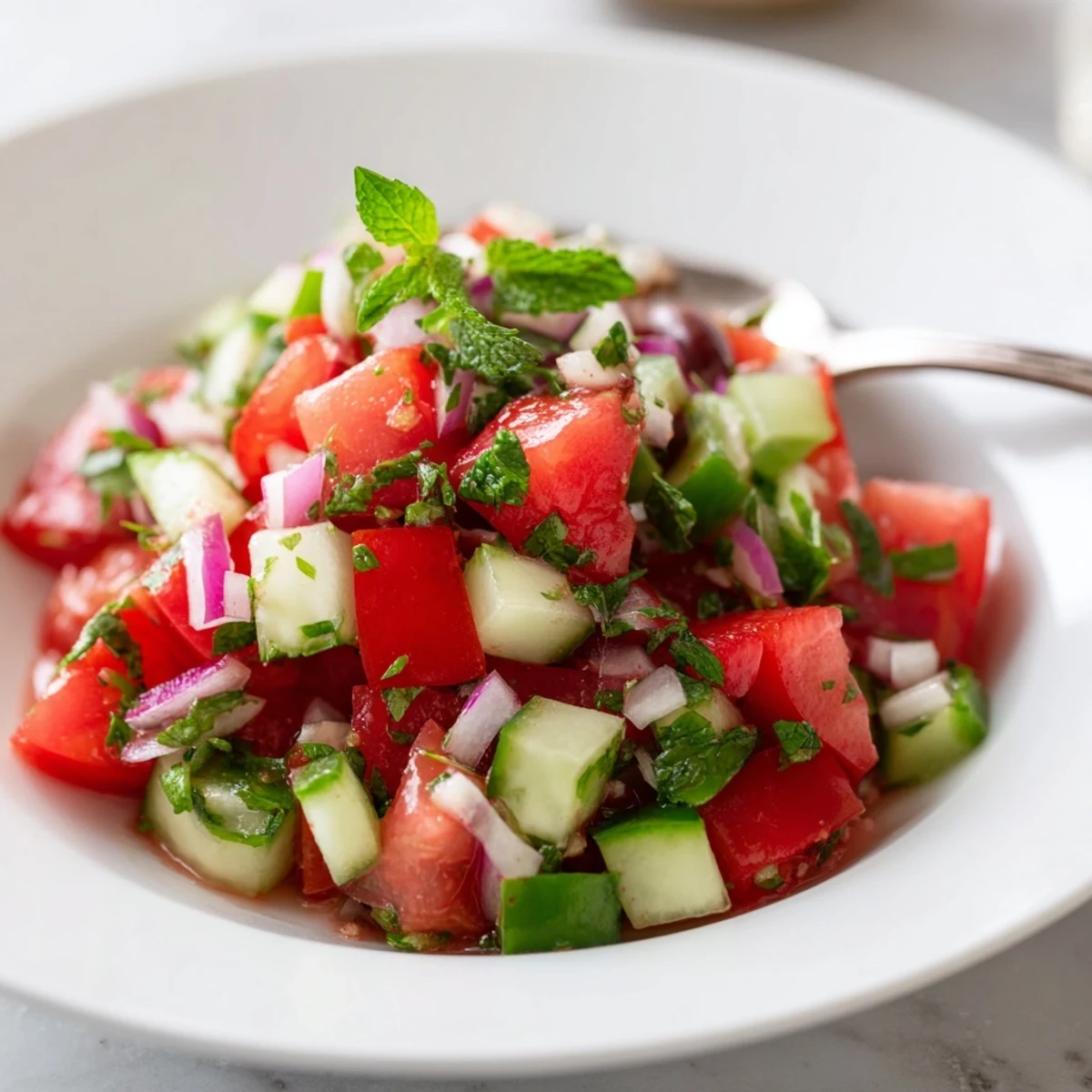 Colorful Turkish Shepherds Salad served alongside grilled lamb, pita, and zesty dressing