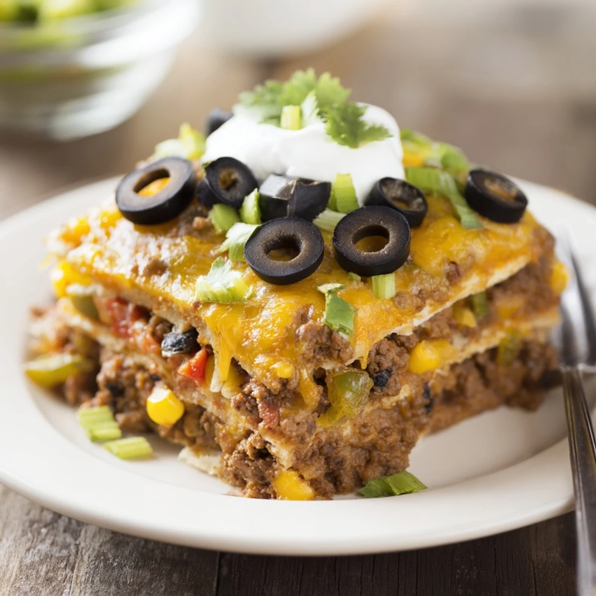Bubbling Cheesy Nacho Casserole with golden edges, topped with cilantro and jalapeños.