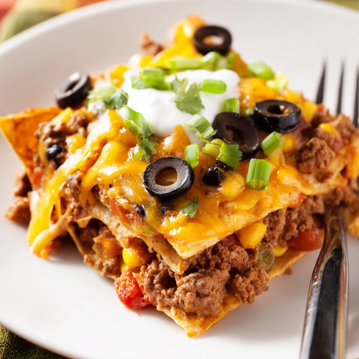 Layered Cheesy Nacho Casserole showing crunchy chips, melted cheddar, and green onions.