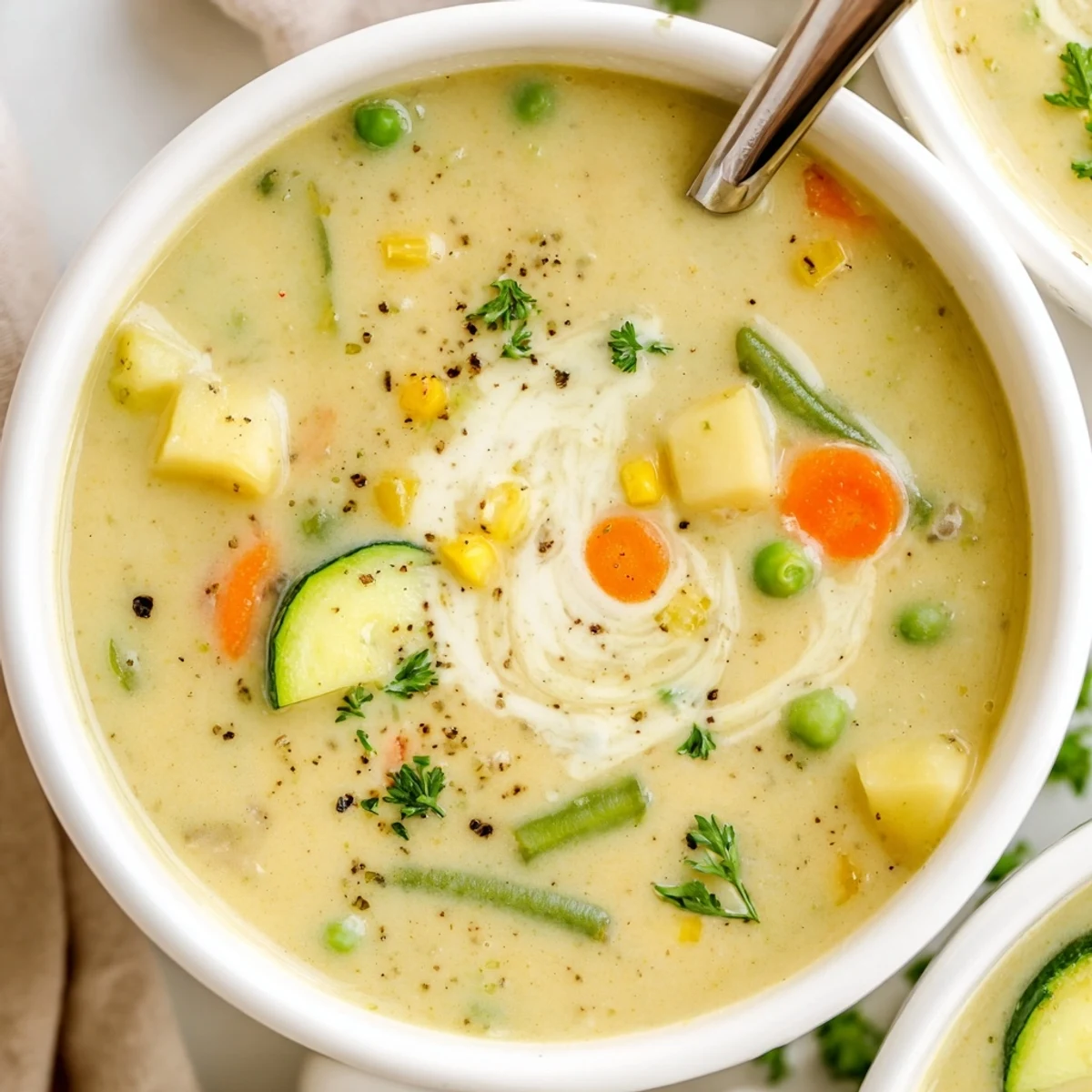 Velvety, aromatic Creamy Vegetable Soup Recipe served with crusty bread for dipping