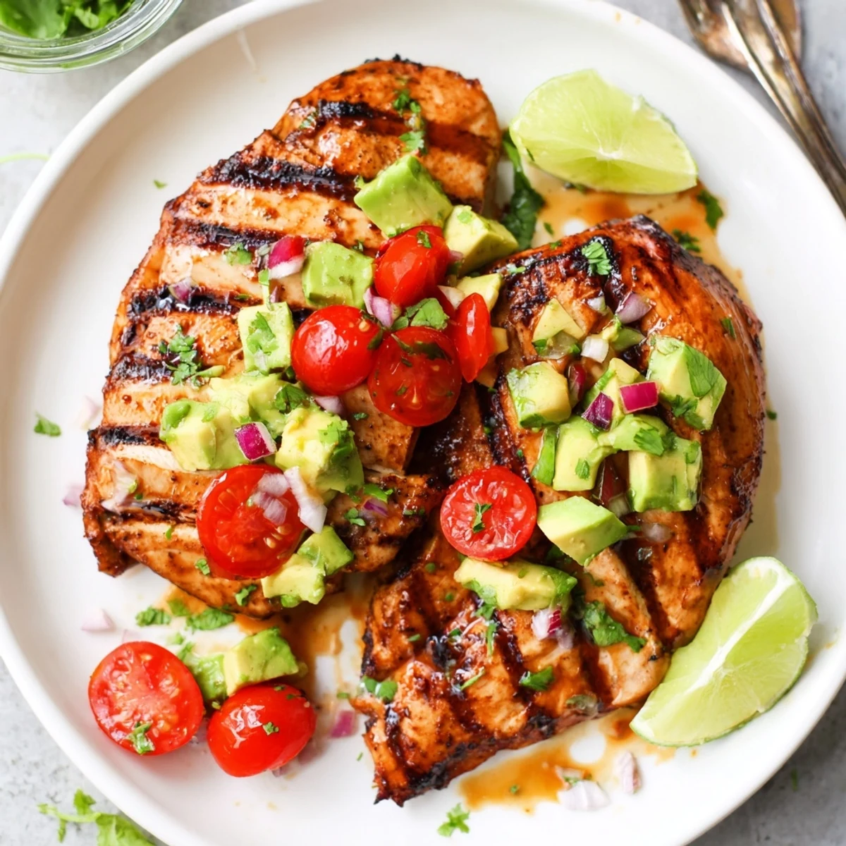 Grilled Fiesta Lime Chicken With Avocado topped with creamy tomato-cilantro salsa, steaming.
