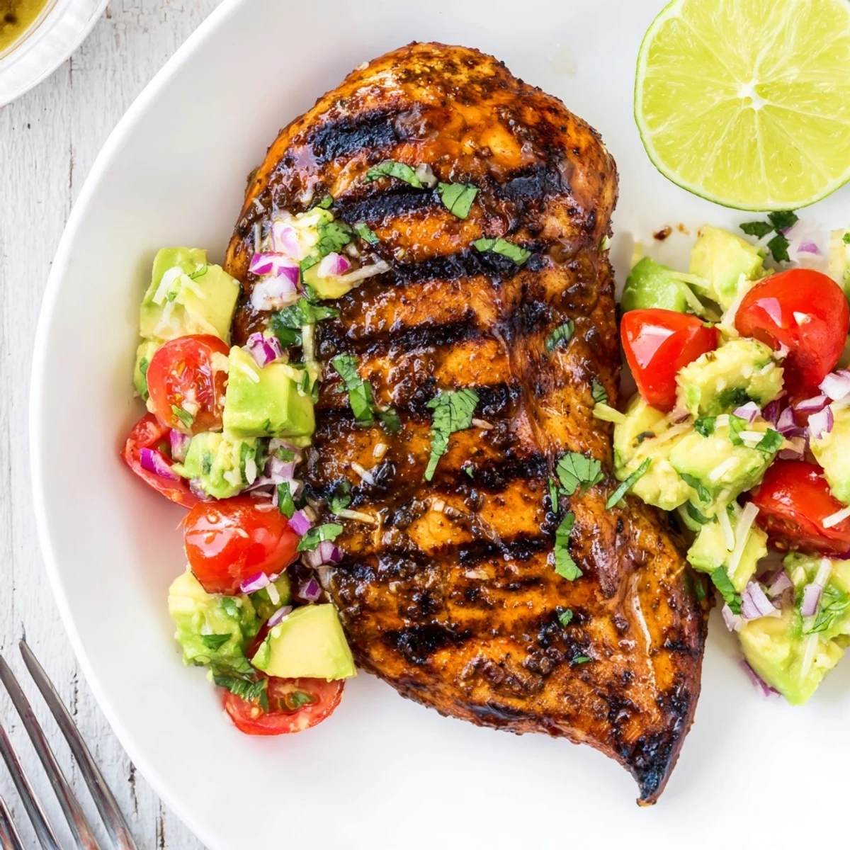 Charred Fiesta Lime Chicken With Avocado resting on warm corn tortillas, tangy lime.