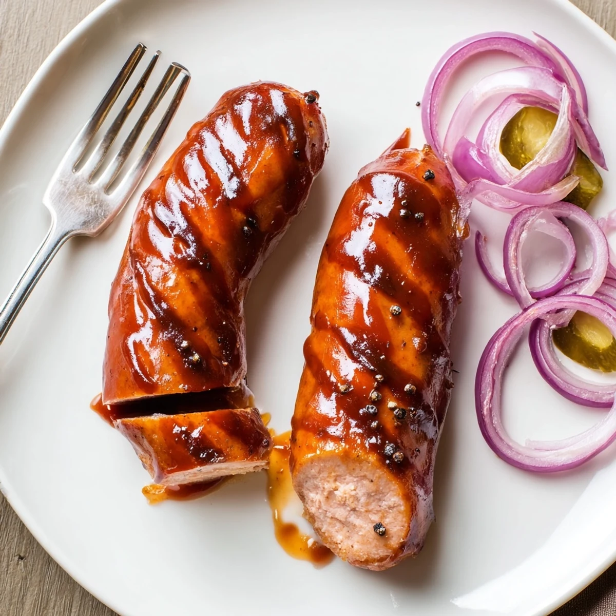 BBQ Sausage Recipe sizzling on grill with glossy caramelized sauce, ready  