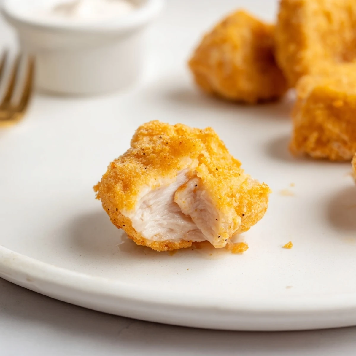 Buttermilk marinated Chicken Bites, hot from fryer, garnished with lemon and parsley
