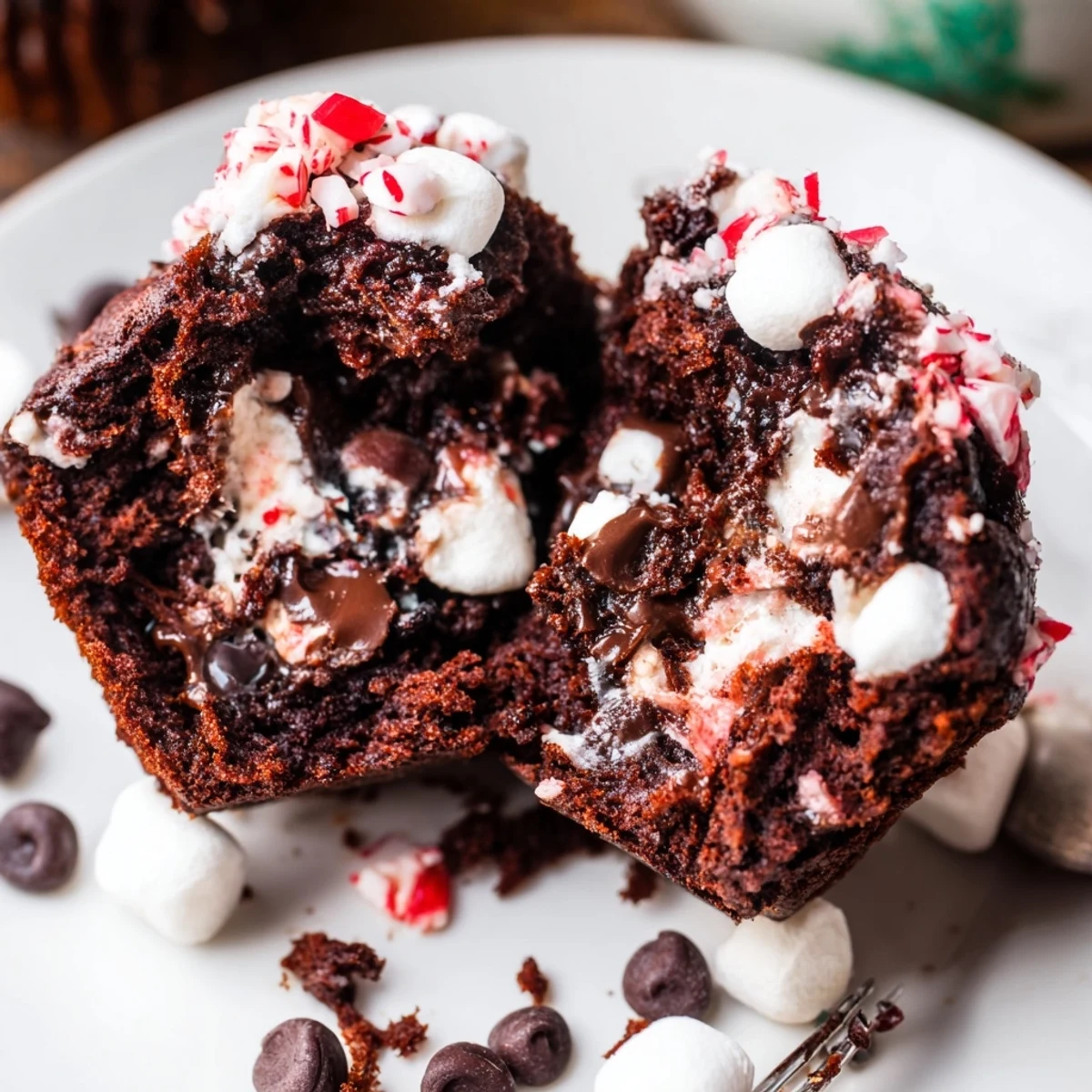 Peppermint Hot Chocolate Muffins, moist crumb and melted chocolate chip pockets