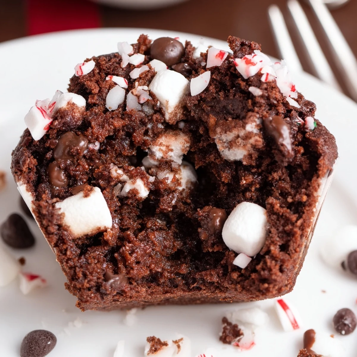 Cozy Peppermint Hot Chocolate Muffins topped with a swirl of whipped cream