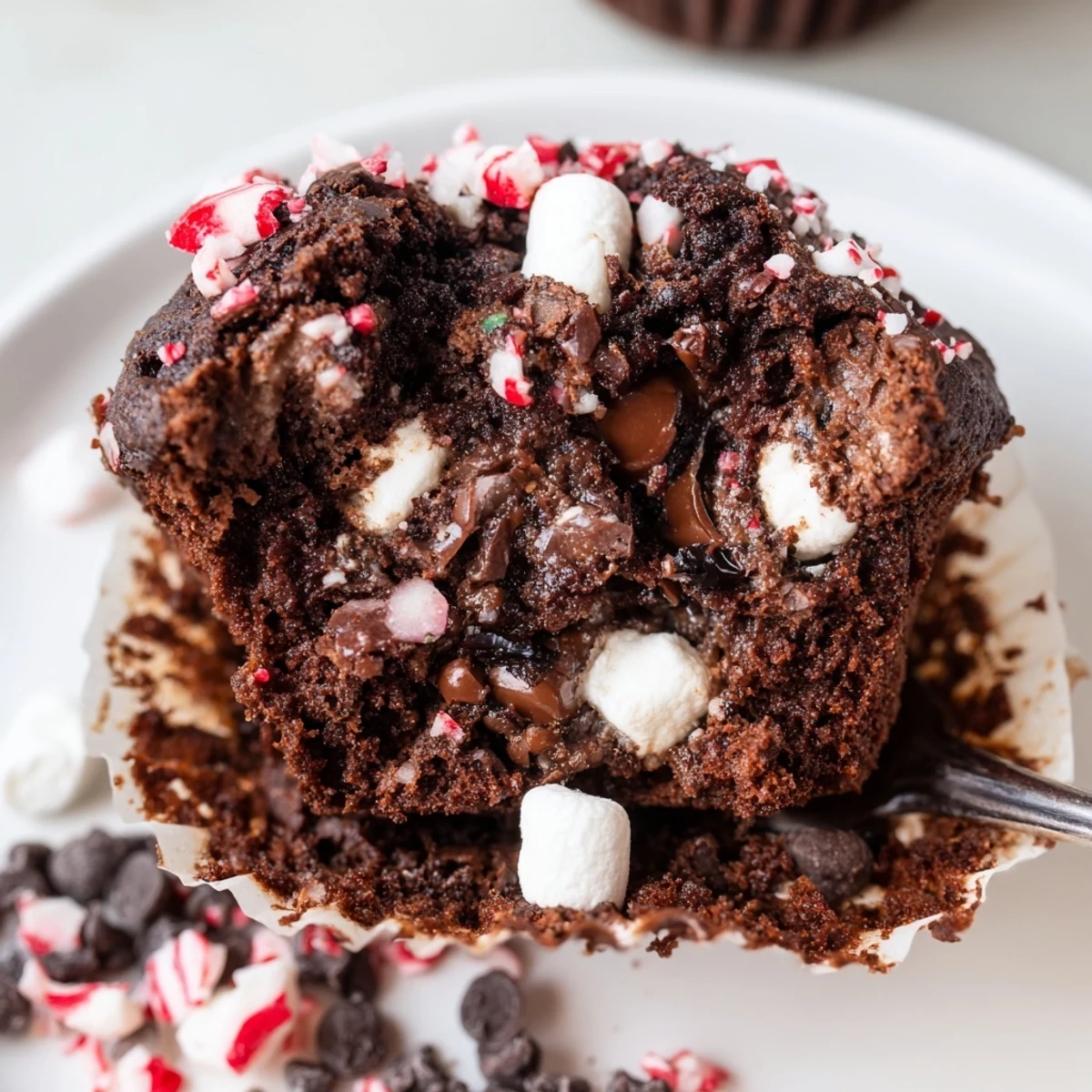 Warm Peppermint Hot Chocolate Muffins steaming on a wire rack, crushed peppermint