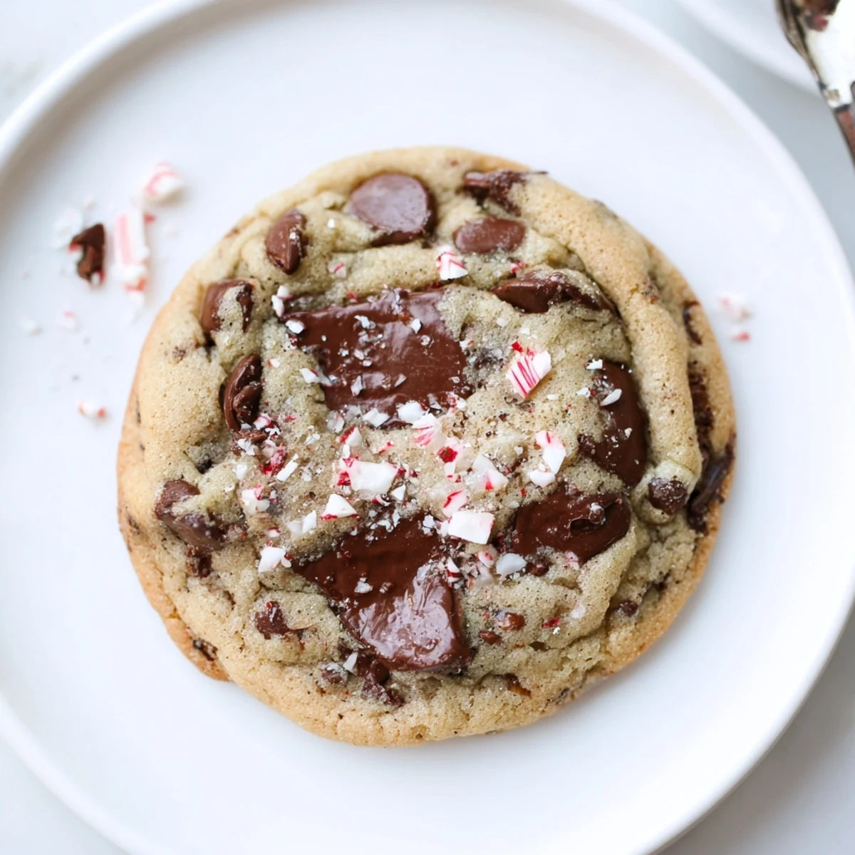 Peppermint Chocolate Chip Cookies on a cooling rack, glossy chips and peppermint flecks