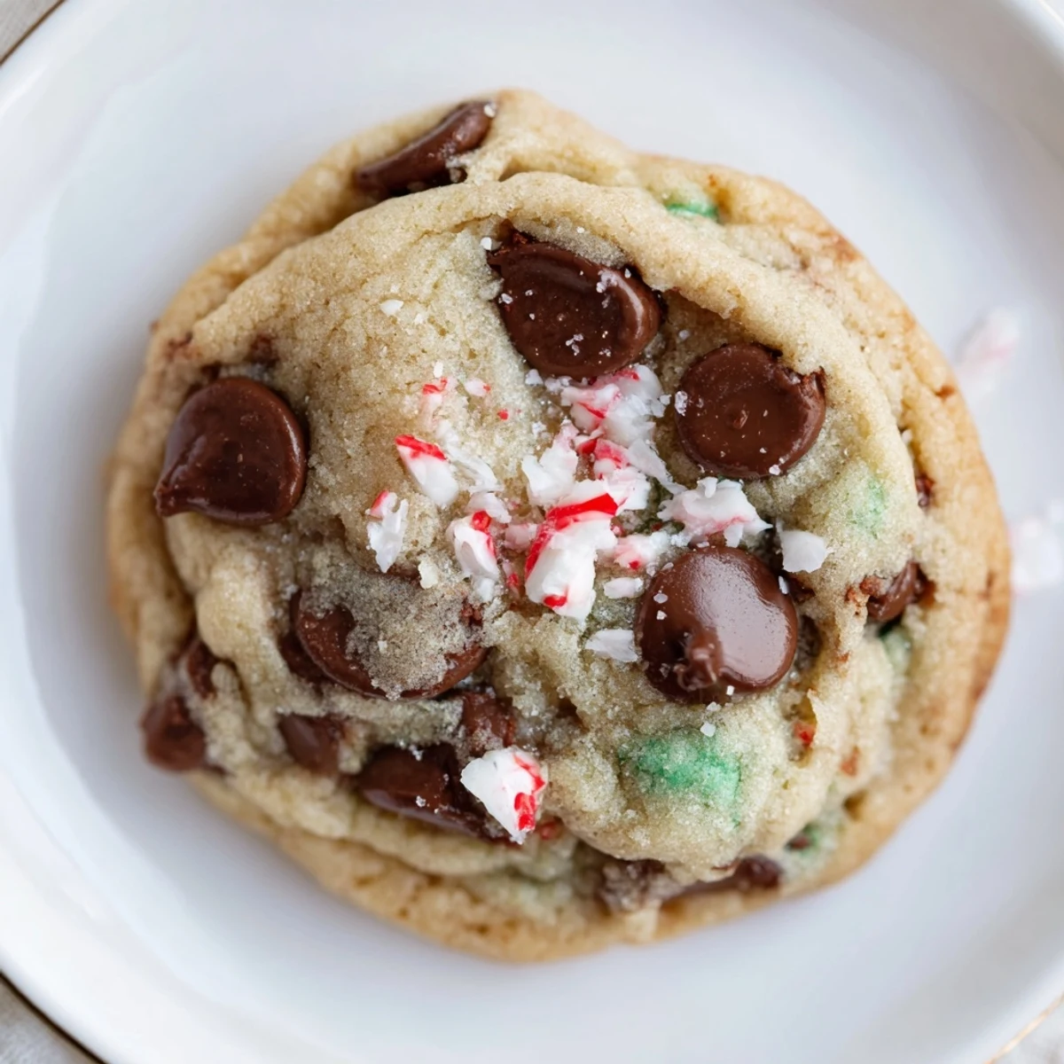 Warm Peppermint Chocolate Chip Cookies with crushed candy cane topping, steaming on plate