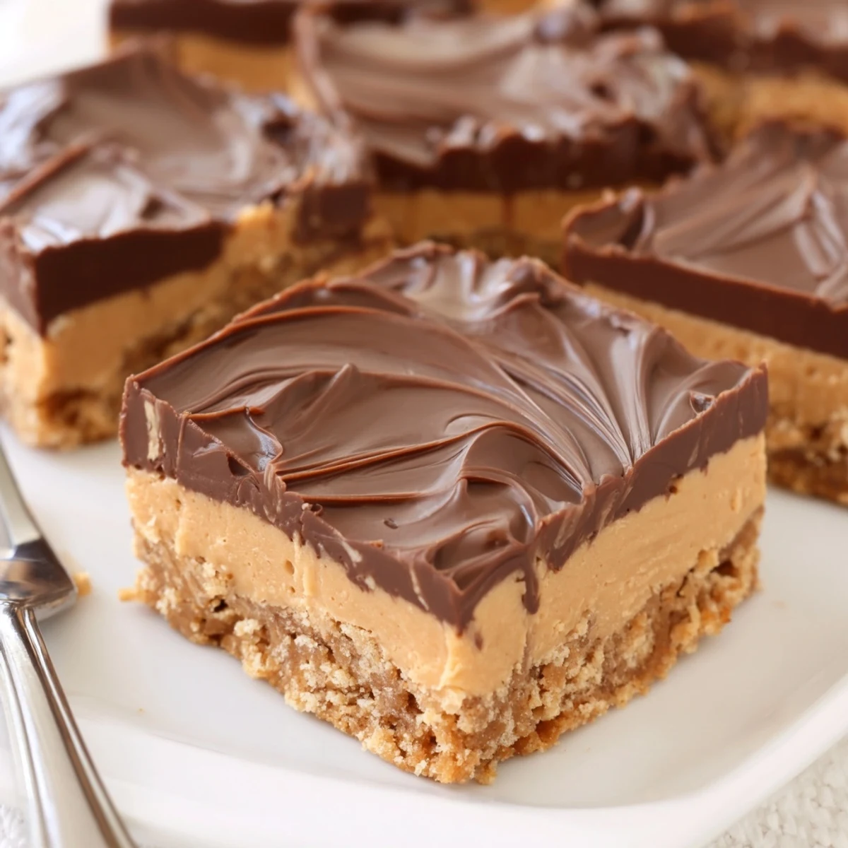 No Bake Peanut Butter Bars chilled, glossy chocolate topping, cut into squares