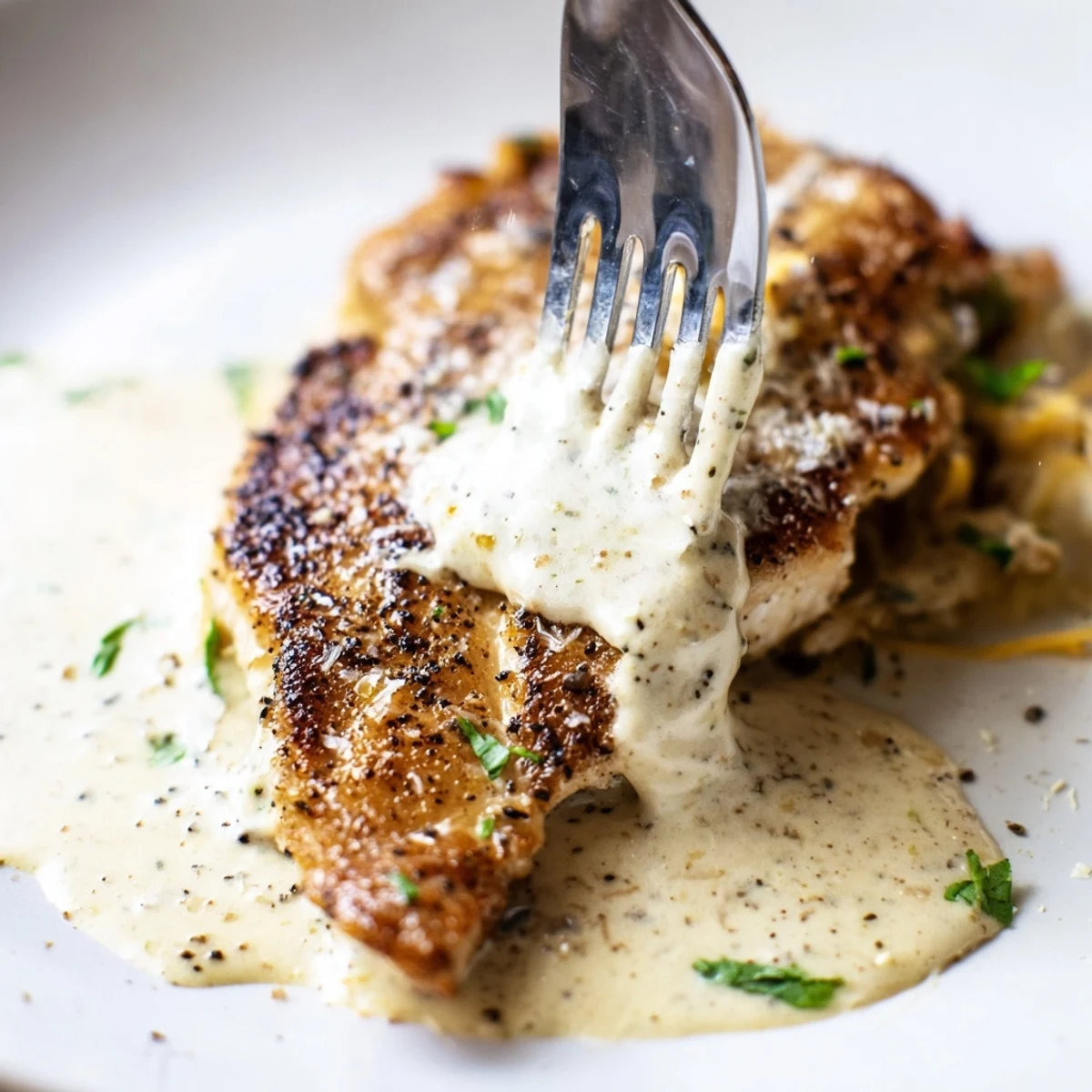 Sliced Chicken With Cheese Sauce over roasted broccoli, creamy, bubbling, golden
