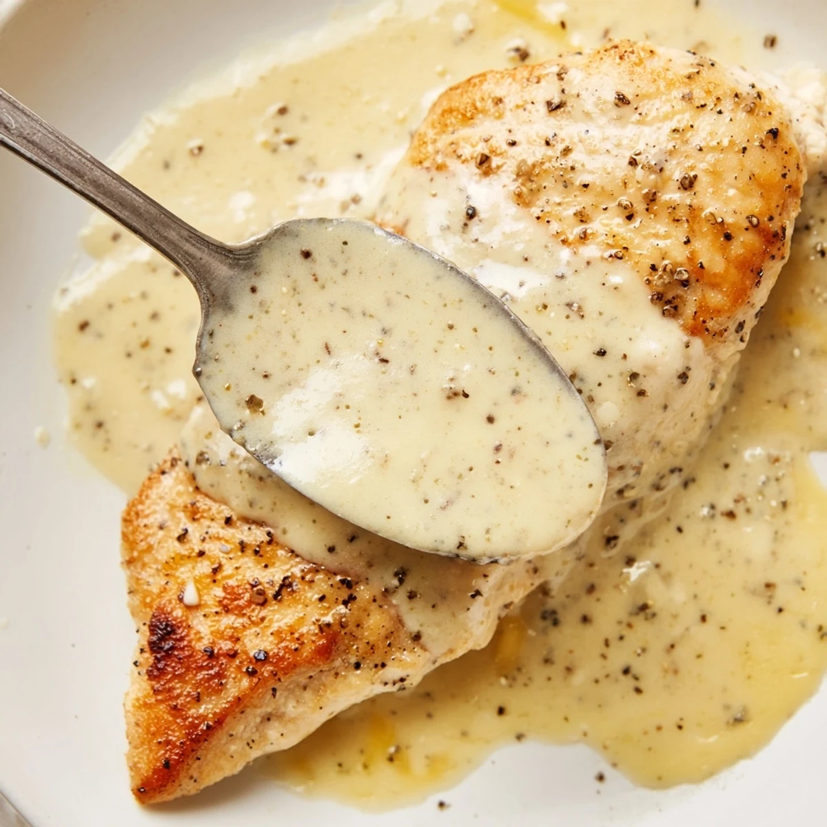 Seared Chicken With Cheese Sauce in skillet, velvety cheddar, sprinkled Parmesan