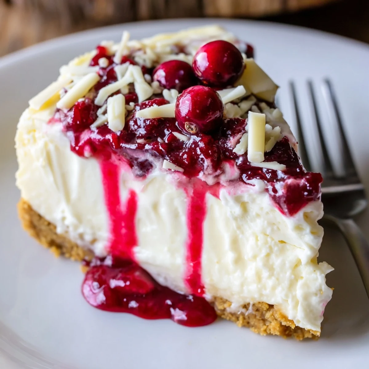Creamy No Bake Cranberry White Chocolate Cheesecake with glossy tart cranberry topping