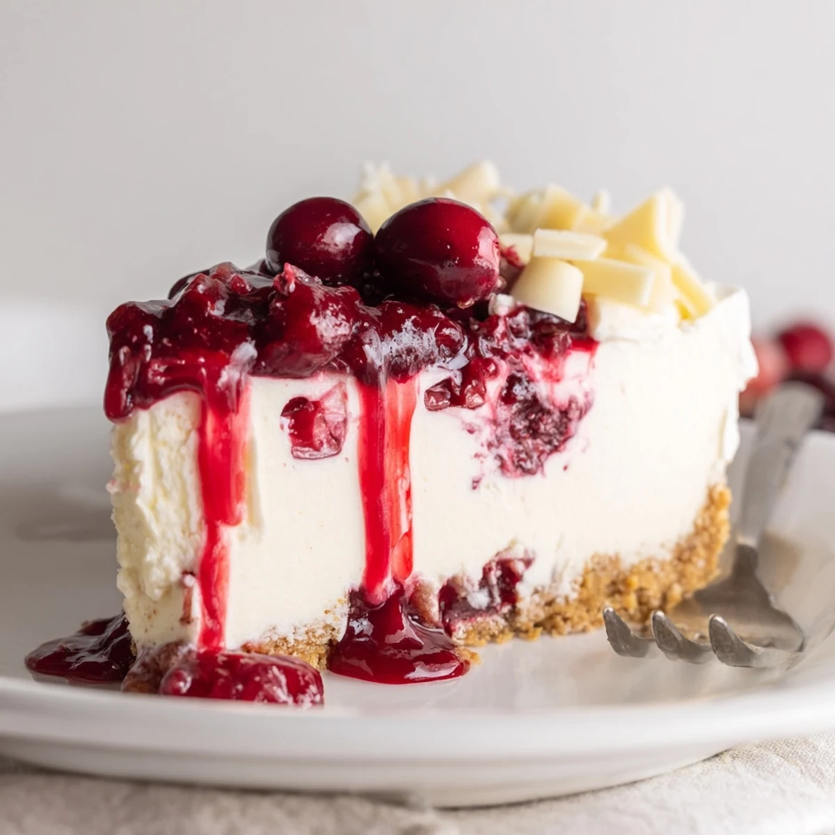No Bake Cranberry White Chocolate Cheesecake slice, velvety filling and tangy cranberry compote