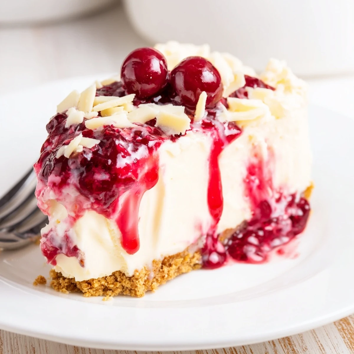 Chilled No Bake Cranberry White Chocolate Cheesecake topped with white chocolate shavings