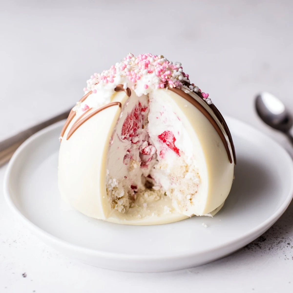 Strawberry Shortcake Easter Egg Bombs with whipped cream, macerated strawberries, chocolate shell