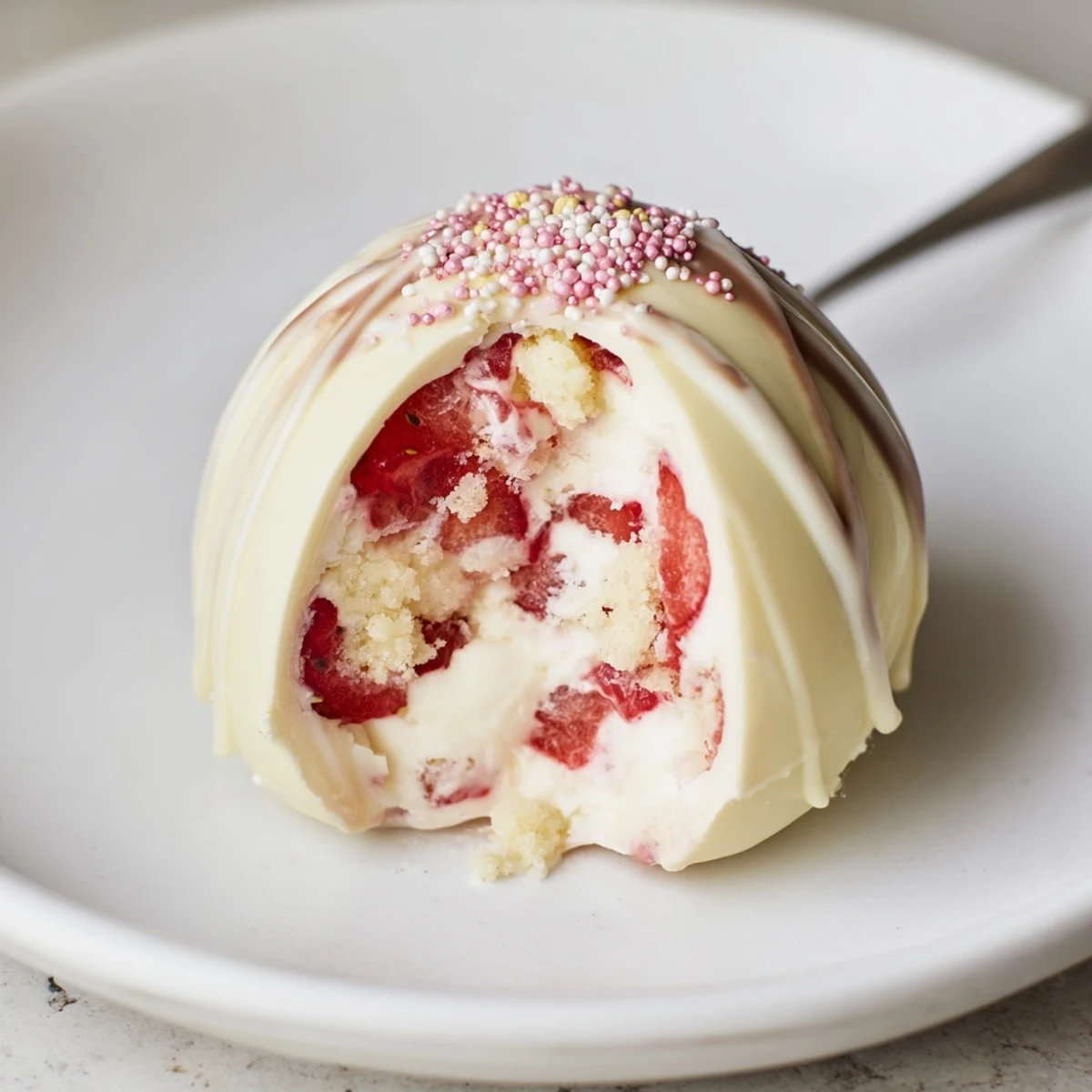 Handheld Strawberry Shortcake Easter Egg Bombs oozing cream, crunchy shortcake biscuit bits