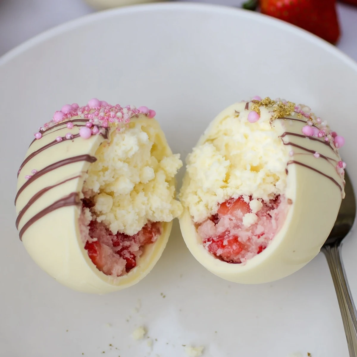 Bite-sized Strawberry Shortcake Easter Egg Bombs chilled, sprinkled with colorful edible glitter