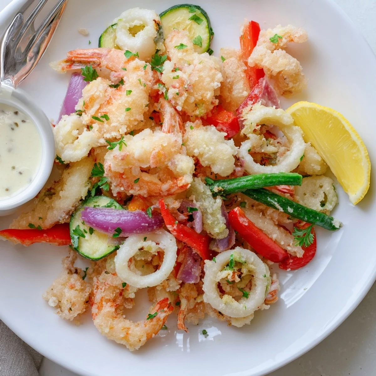 Crispy Shrimp Fritto Misto sizzling hot, topped with parsley and dipping aioli