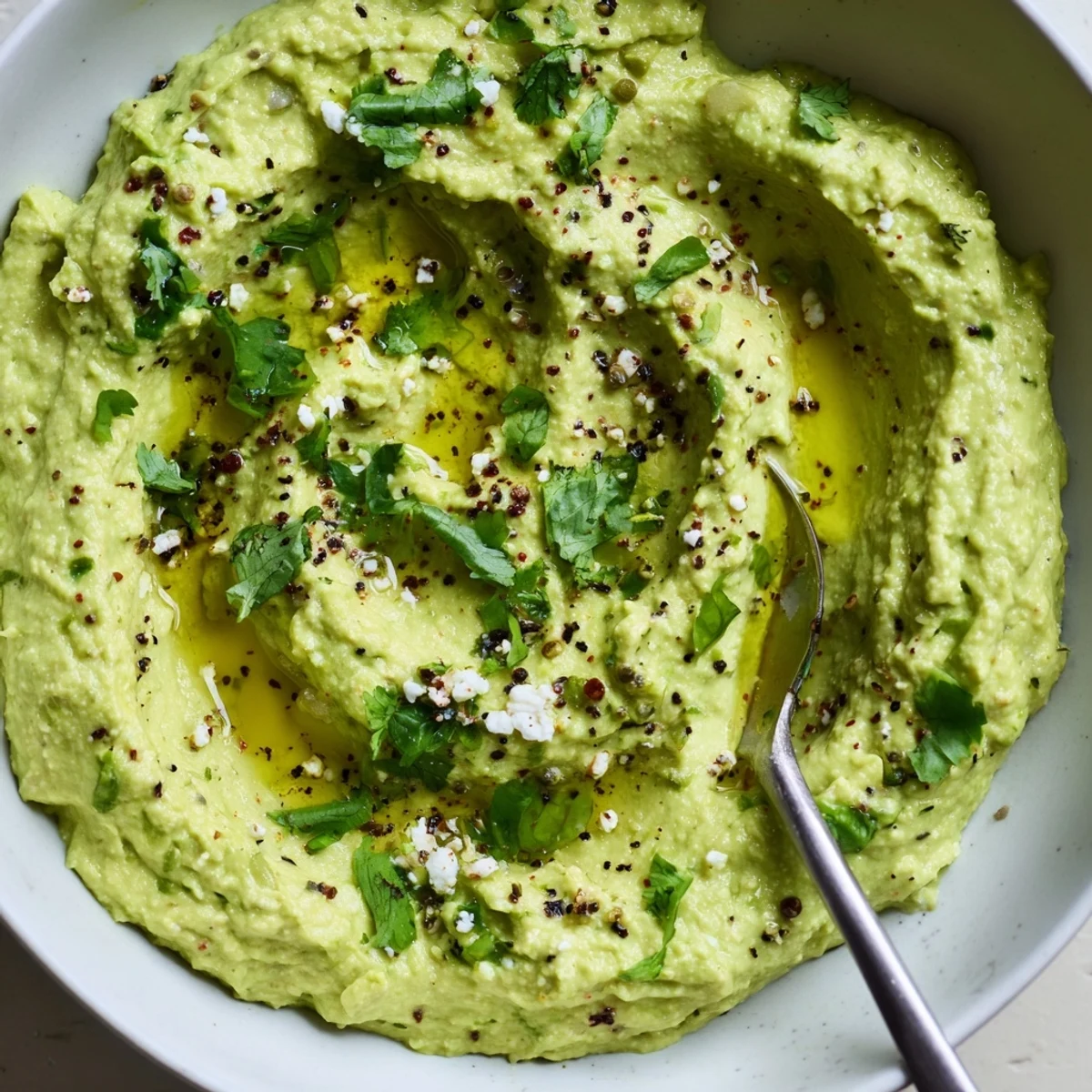 Creamy Avocado Feta Dip in bowl drizzled with olive oil, pita chips