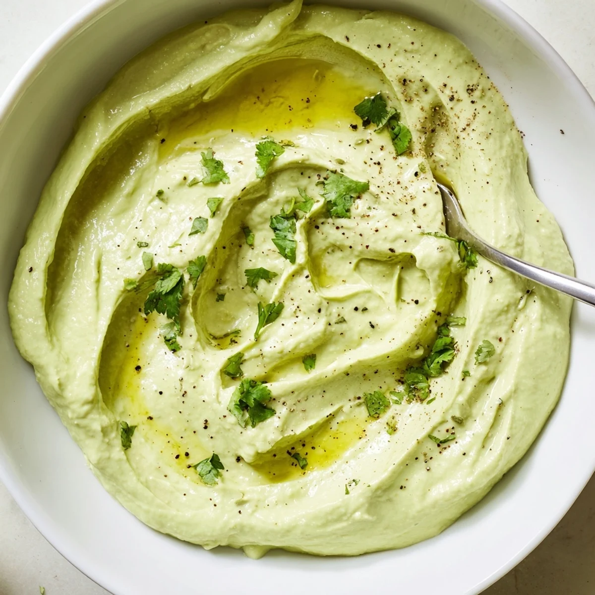 Close up spoonful of Creamy Avocado Feta Dip showing texture, garlic flecks