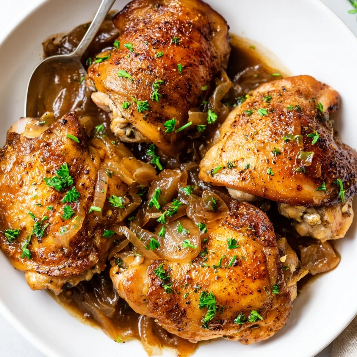 Savory Smothered Chicken Thighs nestled in glossy onion gravy, steam rising