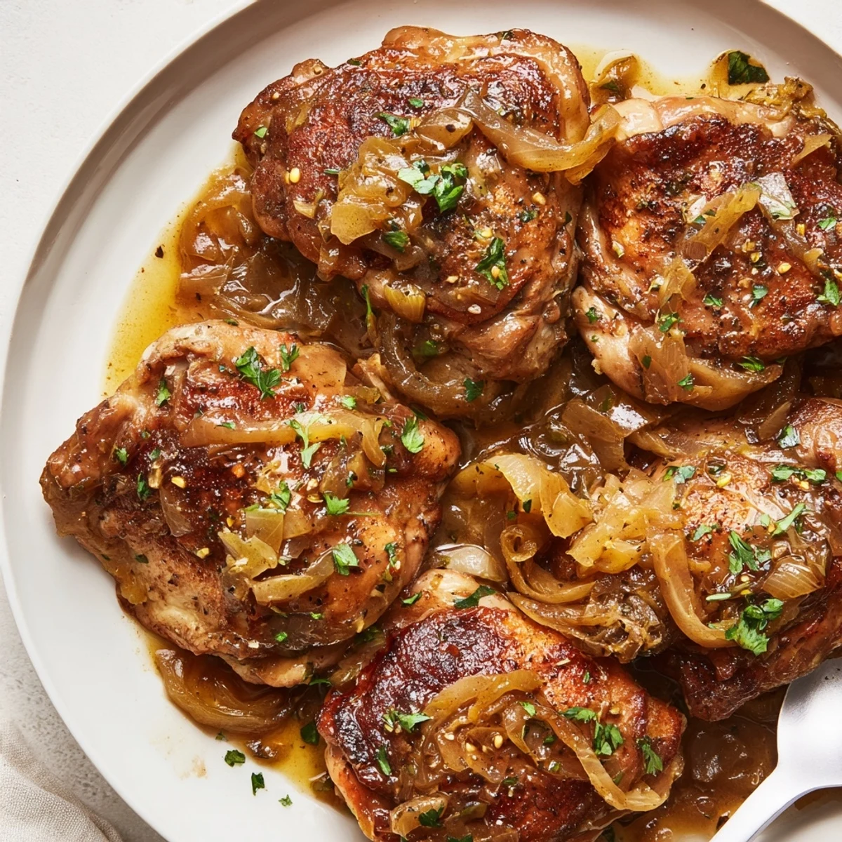 Hearty Savory Smothered Chicken Thighs served over mashed potatoes with parsley