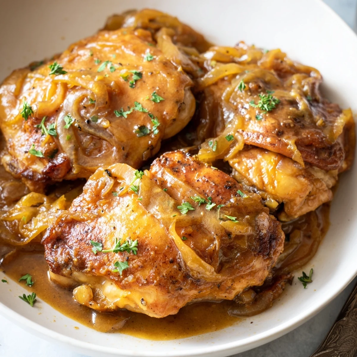 Pan-seared Savory Smothered Chicken Thighs bathed in rich, comforting gravy