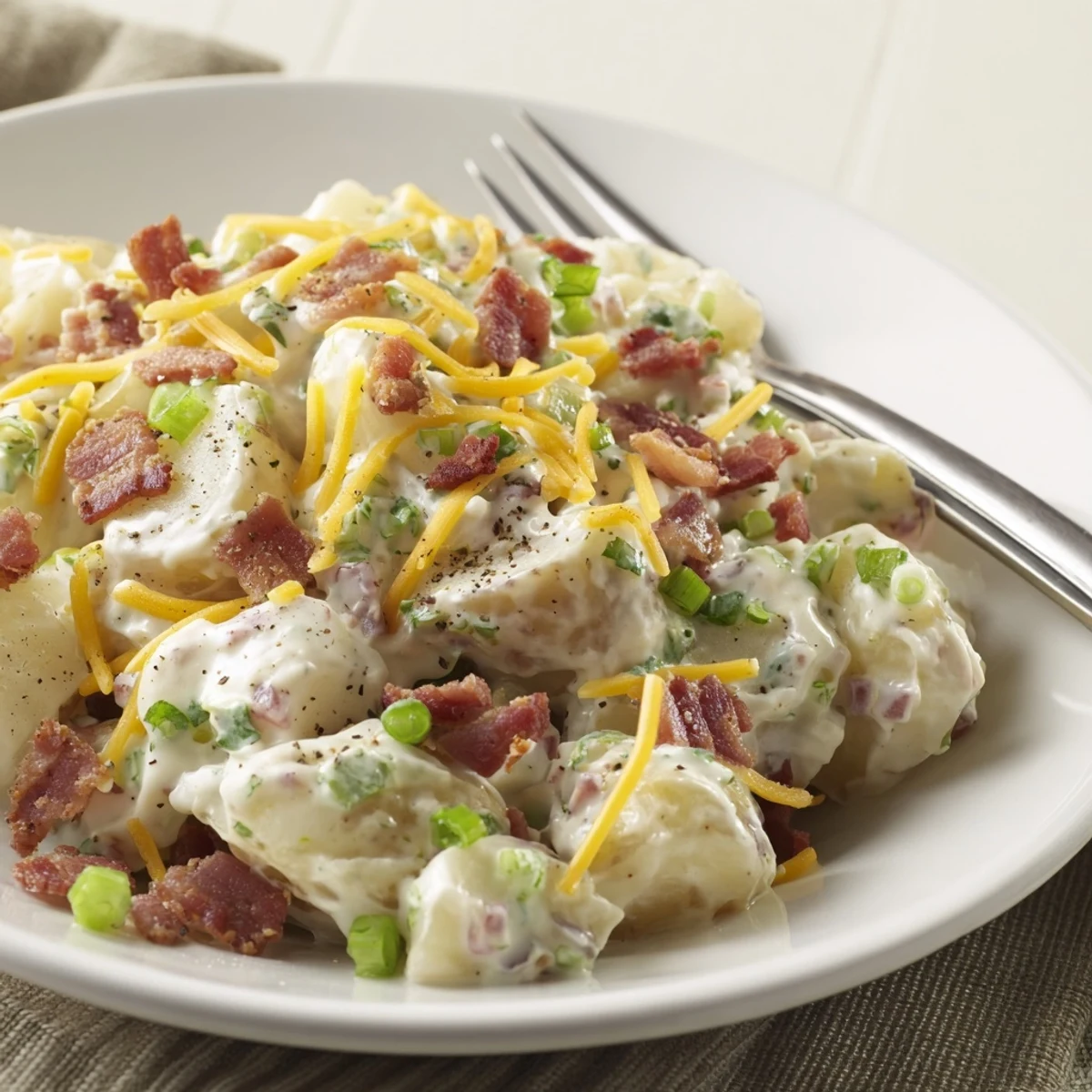 Beef Bacon Loaded Potato Salad heaped in bowl, sharp cheddar and chives  