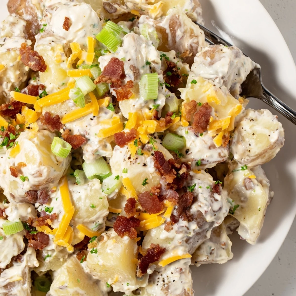 Perfect for potlucks, Beef Bacon Loaded Potato Salad warm, smoky, herb garnished