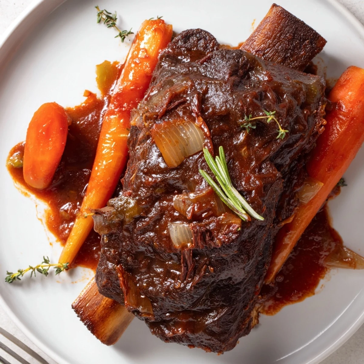 Slow Cooker Beef Short Ribs glistening in rich sauce over mashed potatoes  