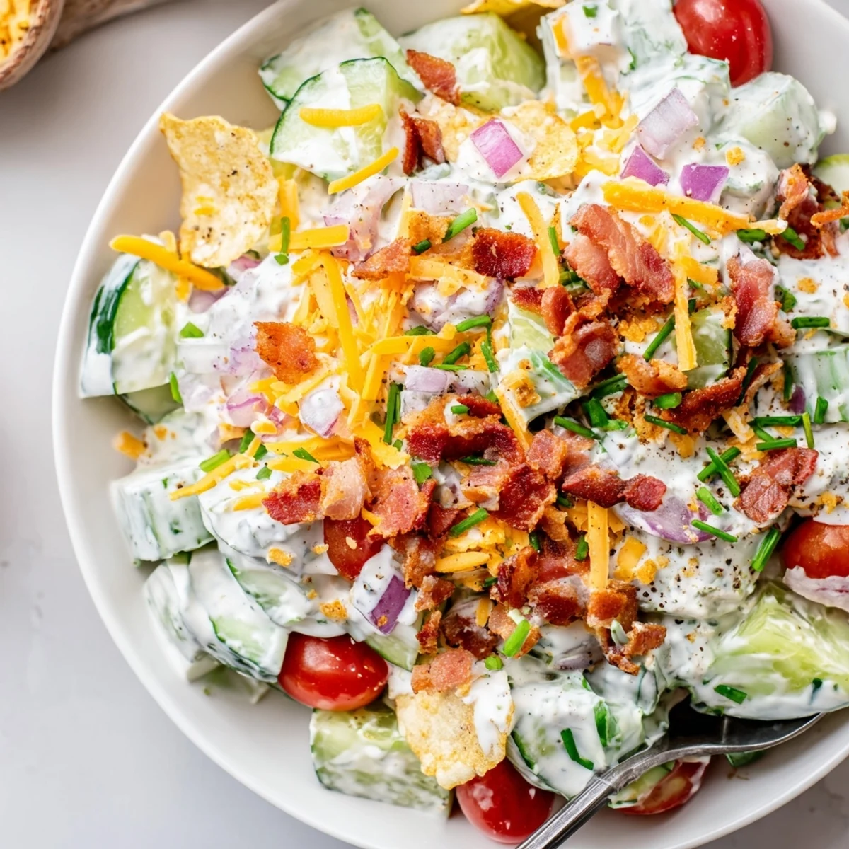 Cucumber Ranch Crack Salad piled in bowl, crisp cucumbers and smoky bacon