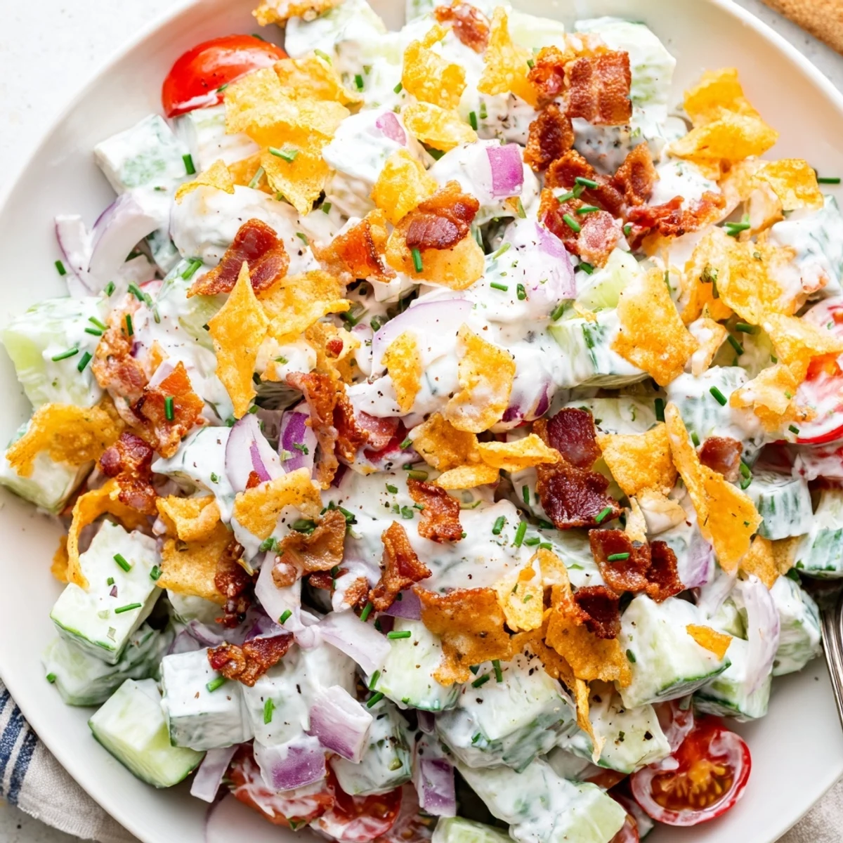 Chilled Cucumber Ranch Crack Salad with cheddar, crunchy chips, perfect potluck side