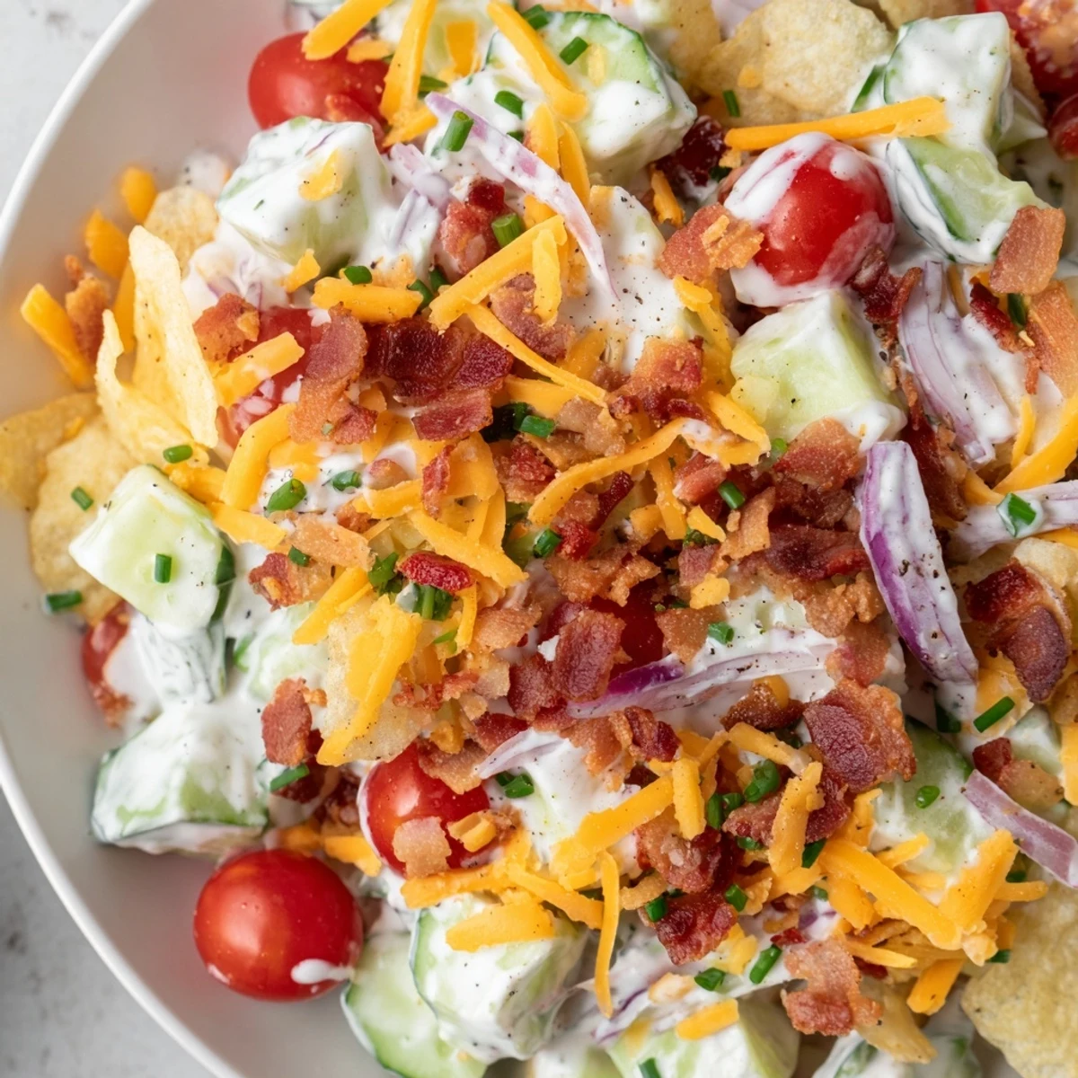 Bright Cucumber Ranch Crack Salad tossed in creamy ranch, topped with chives