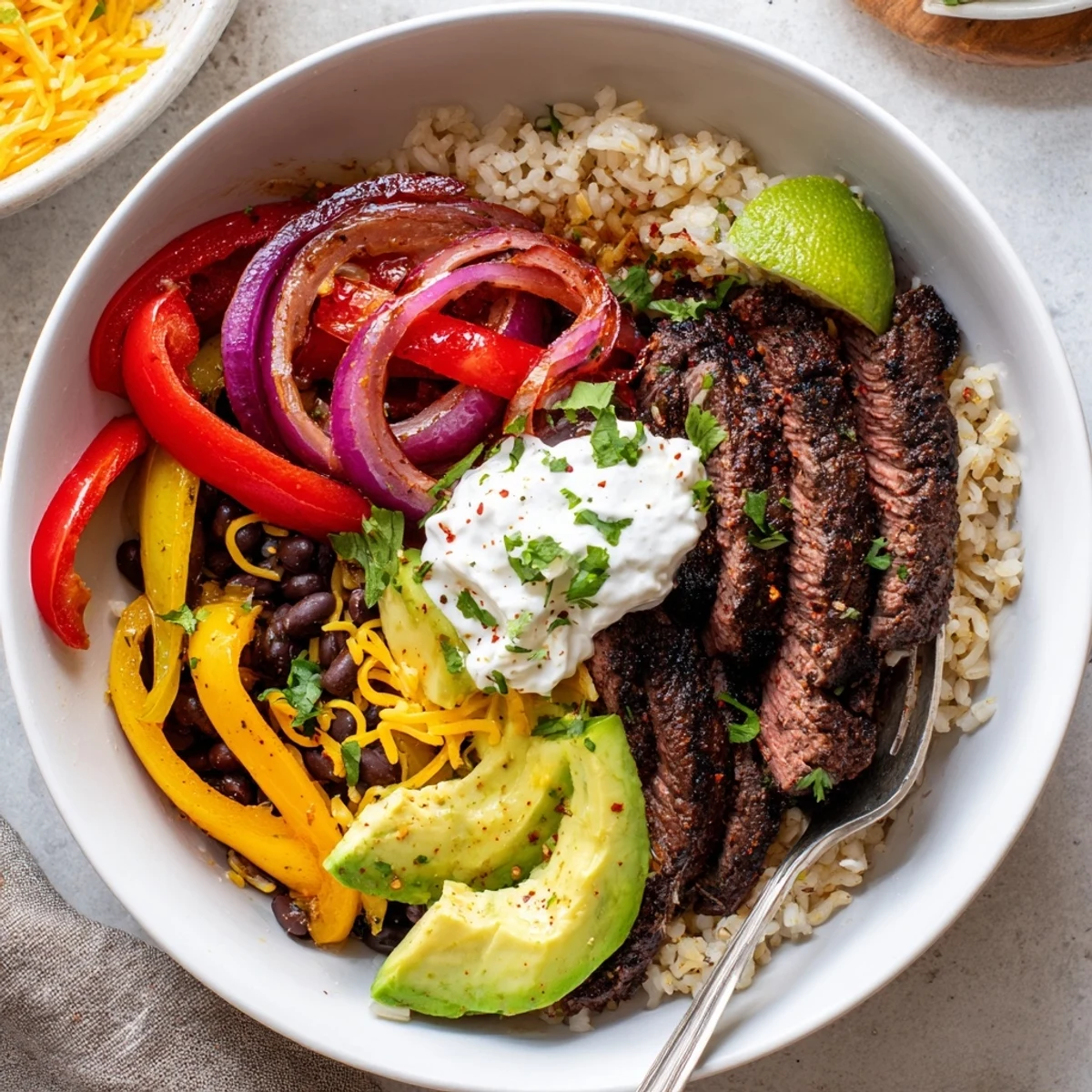 Close-up of Steak Fajita Power Bowls show sizzling marinated steak, vibrant peppers.