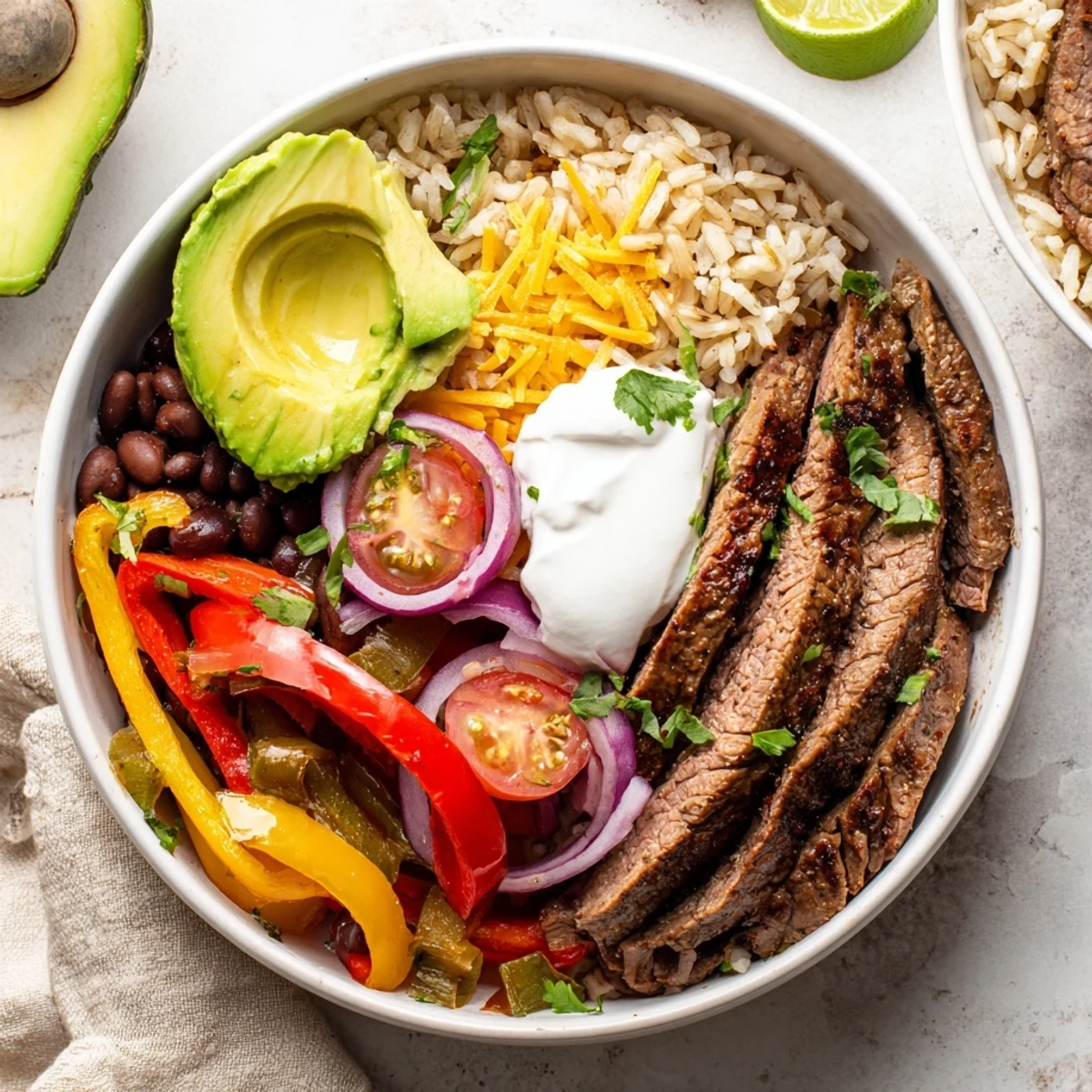 Grilled Steak Fajita Power Bowls piled with black beans, melty cheese, cilantro.