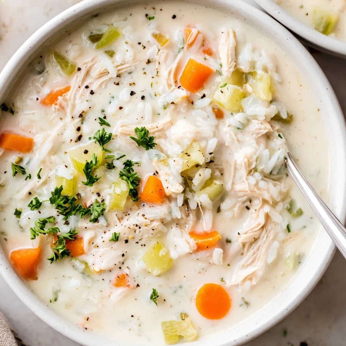 Creamy Chicken Rice Soup steaming in bowl, tender chicken and velvety broth