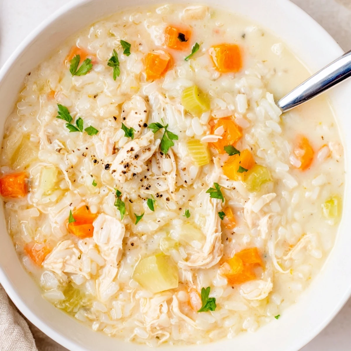 Bowl of Creamy Chicken Rice Soup garnished with parsley, served with bread