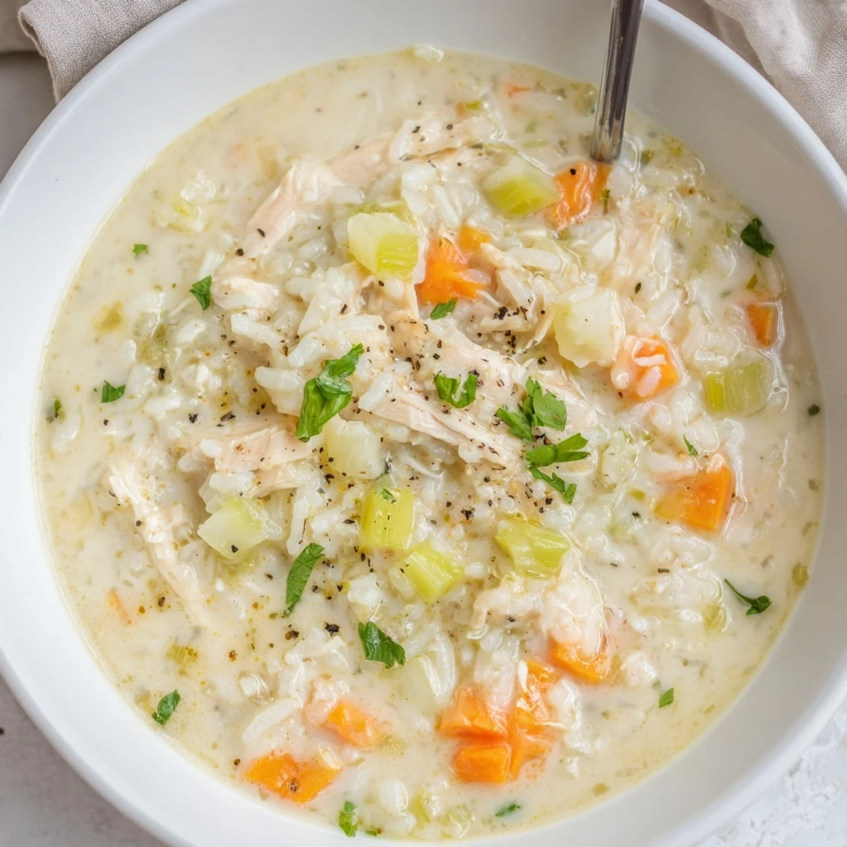 Late-night cozy spoonful of Creamy Chicken Rice Soup, warm rice and carrots