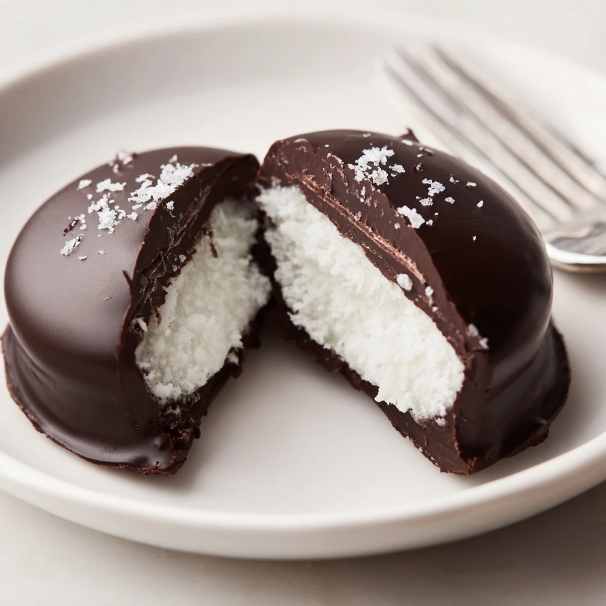 Peppermint Patties glistening in dark chocolate, sliced to reveal minty center.