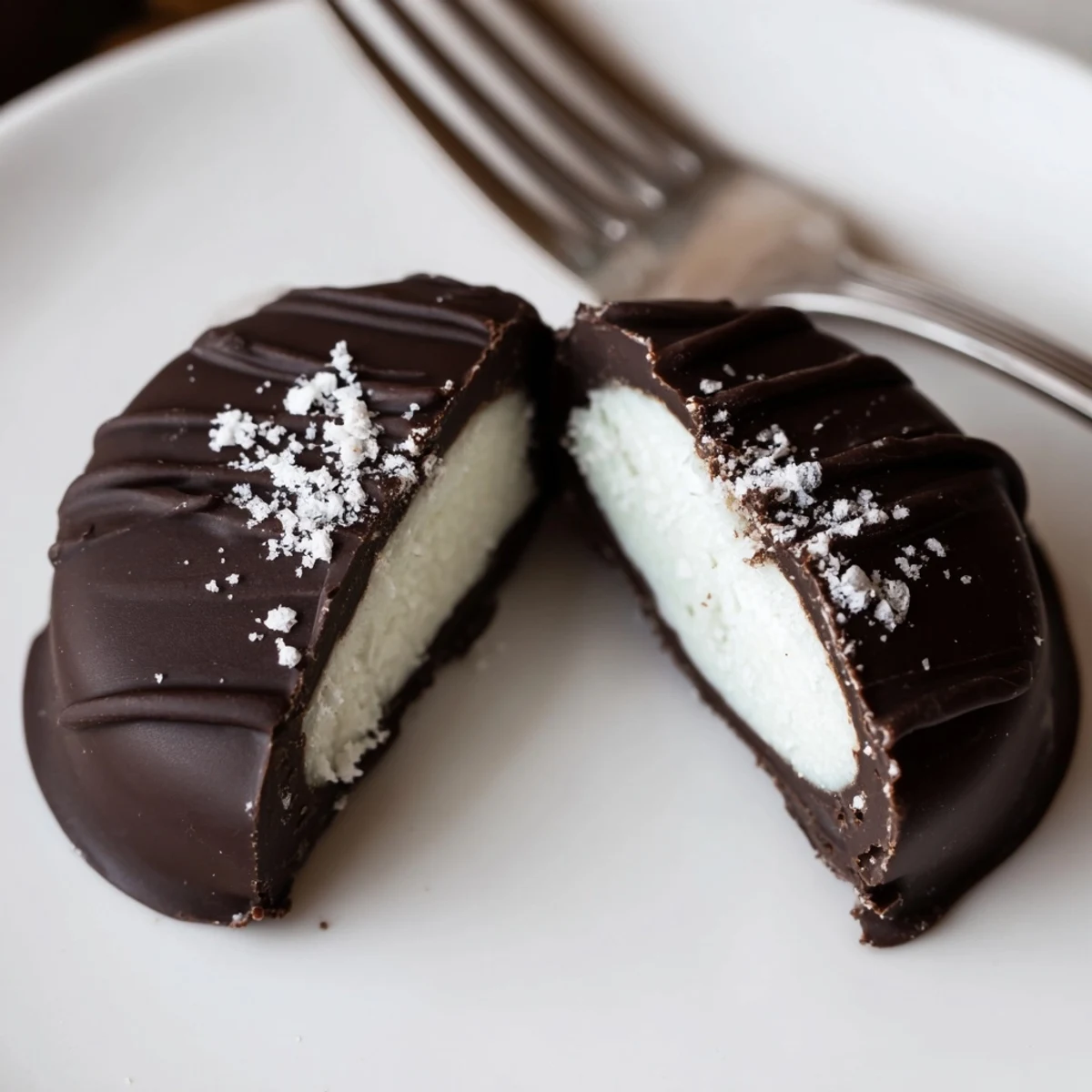 Bite-sized Peppermint Patties arranged on a plate, glossy coating, mint aroma.