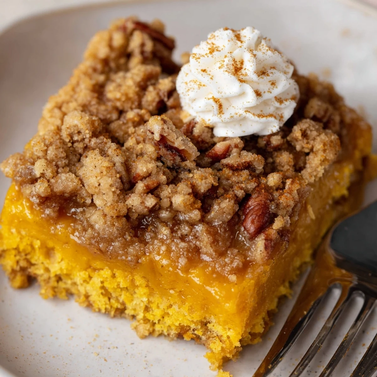 Warm Pumpkin Dump Cake with golden pecan topping and melting vanilla ice cream