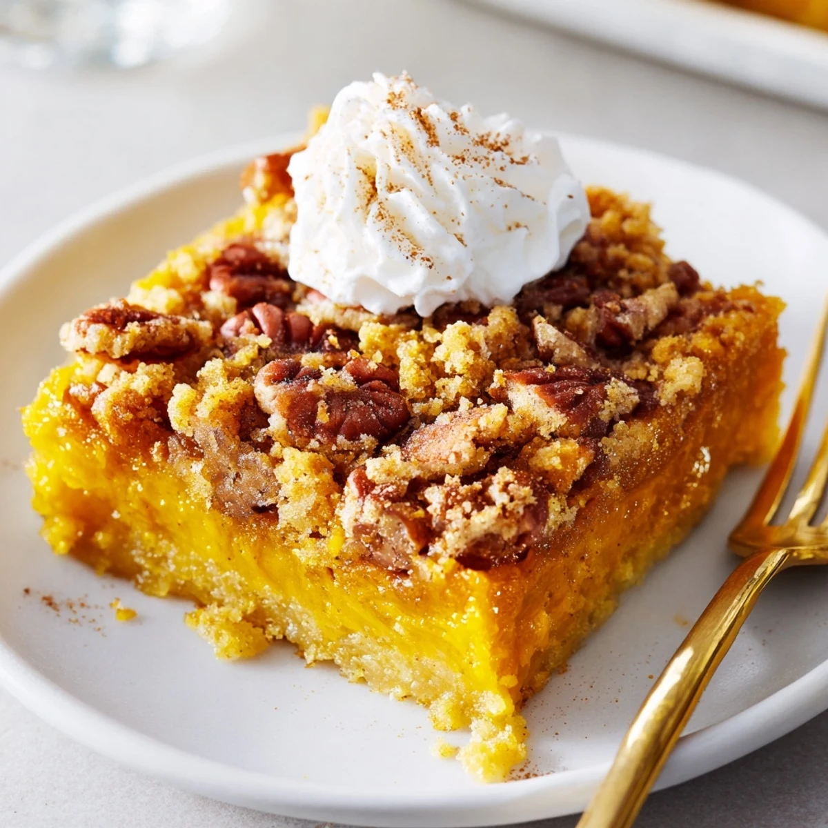 A slice of Pumpkin Dump Cake cooling in pan, spiced aroma rising