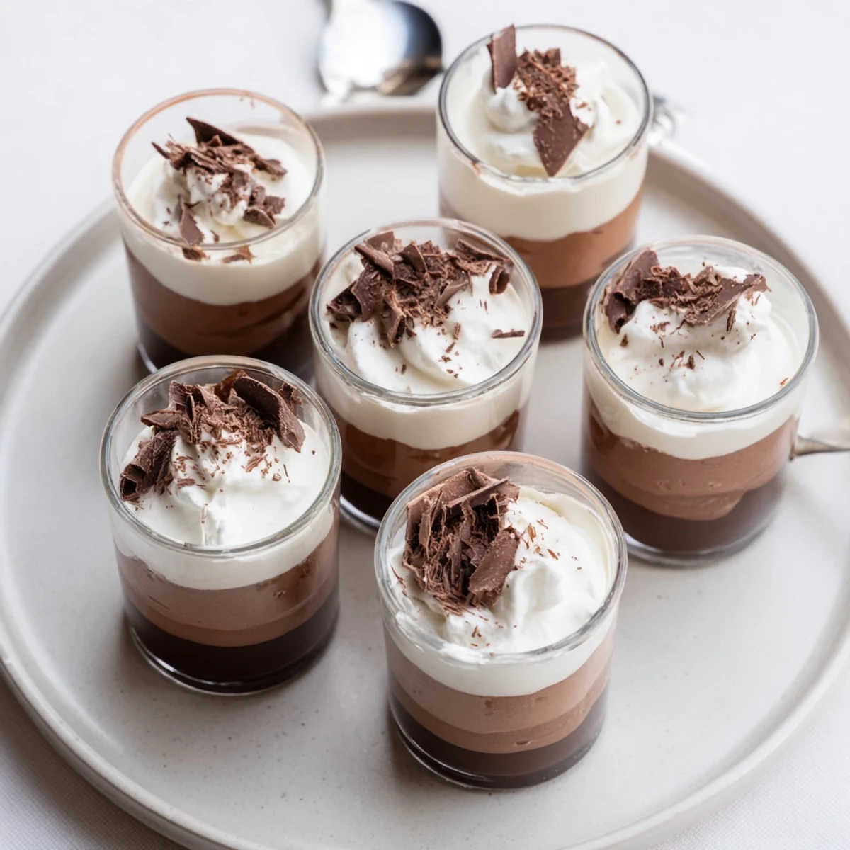 Triple Chocolate Mousse Cups layered in glasses, silky dark, milk, and white mousses.