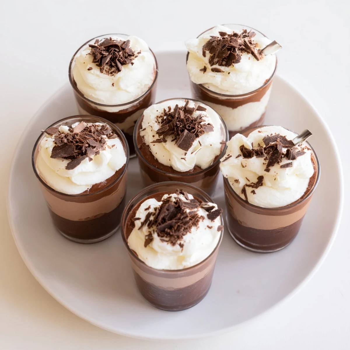 A serving tray of Triple Chocolate Mousse Cups chilled, rich, ideal with espresso.