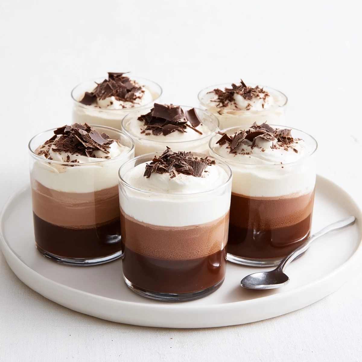 Close-up of Triple Chocolate Mousse Cups topped with shaved chocolate, velvety spoon-ready.