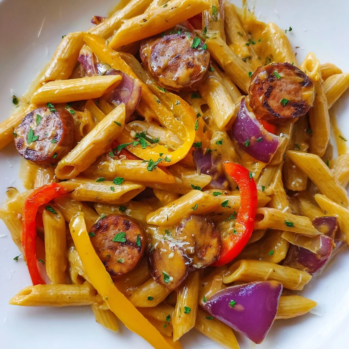 Creamy Cajun sausage pasta topped with smoky sliced sausage and colorful bell peppers